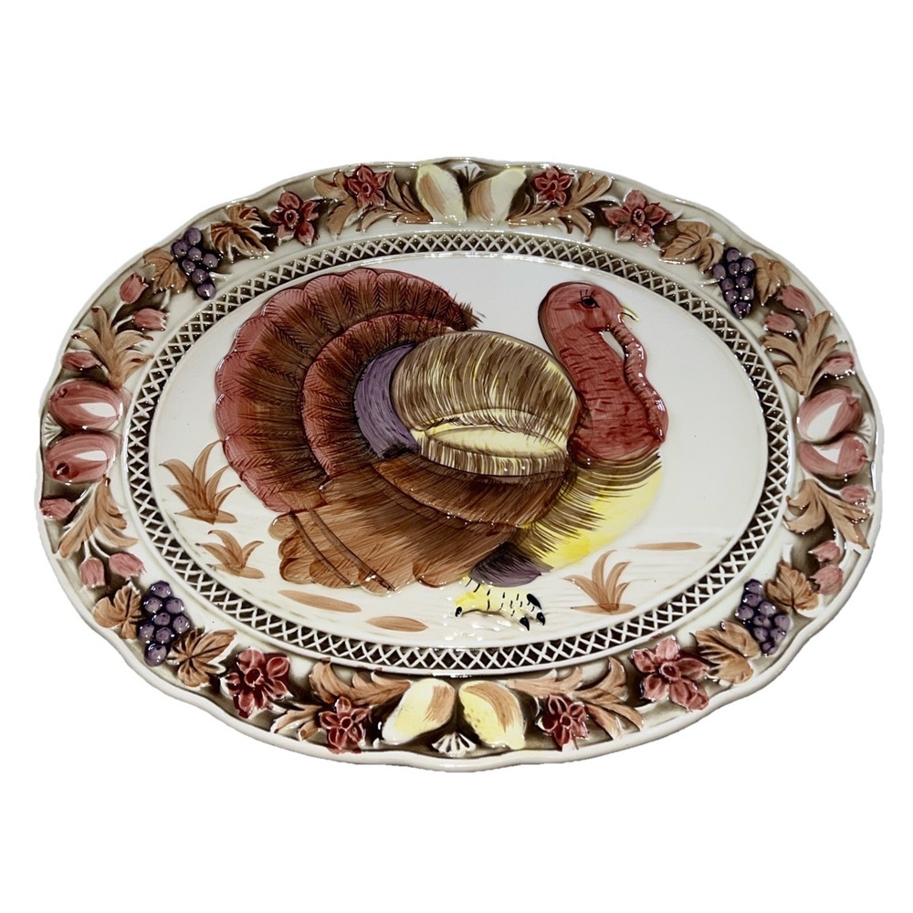Vintage Large Raised Ceramic Colorful Turkey  Platter JAPAN 19x 14.5‎ Rare